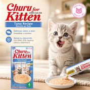 Churu Kitten sabor Atún, snack cremoso para gatitos con taurina, DHA, EPA y calcio. Sin conservantes ni colorantes artificiales.