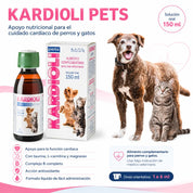 Beneficios de Kardioli Pets: apoyo cardíaco con taurina, L-carnitina y magnesio, complejo B y dosis de 1 a 6 ml