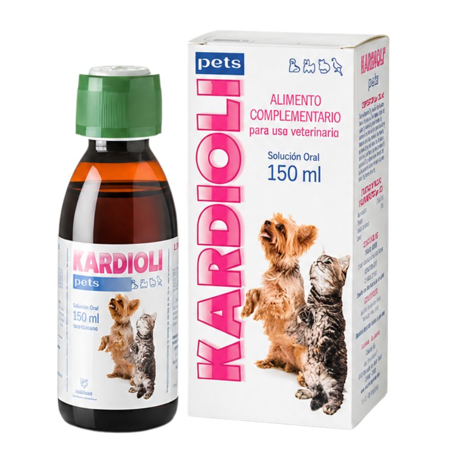 Frasco ámbar de 150 ml de Kardioli Pets con tapa verde y etiqueta rosada, junto a la caja del producto