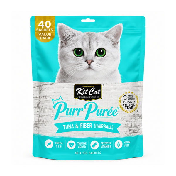 Bolsa frontal de Kit Cat Purr Puree Atún y Fibra (Hairball) Value Pack con 40 sachets de 15 g, snack cremoso para gatos