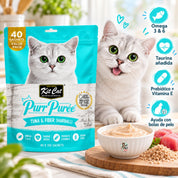 Gato junto a la bolsa Kit Cat Purr Puree Atún y Fibra (Hairball) Value Pack, un plato de puré y trozos de atún