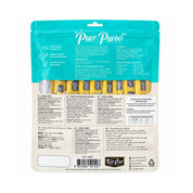 Reverso de la bolsa Kit Cat Purr Puree Atún y Fibra (Hairball) Value Pack con ingredientes, análisis garantizado y ventana de sachets