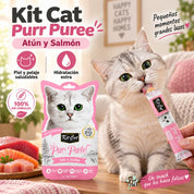Gato lamiendo un sachet de Kit Cat Purr Puree Atún y Salmón junto a íconos de hidratación y pelaje