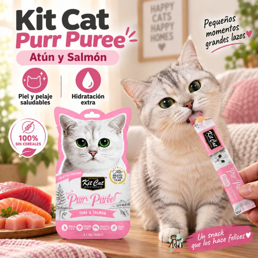 Gato lamiendo un sachet de Kit Cat Purr Puree Atún y Salmón junto a íconos de hidratación y pelaje