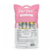 Reverso del empaque de Kit Cat Purr Puree Atún y Salmón con ingredientes, tabla de ración y análisis garantizado