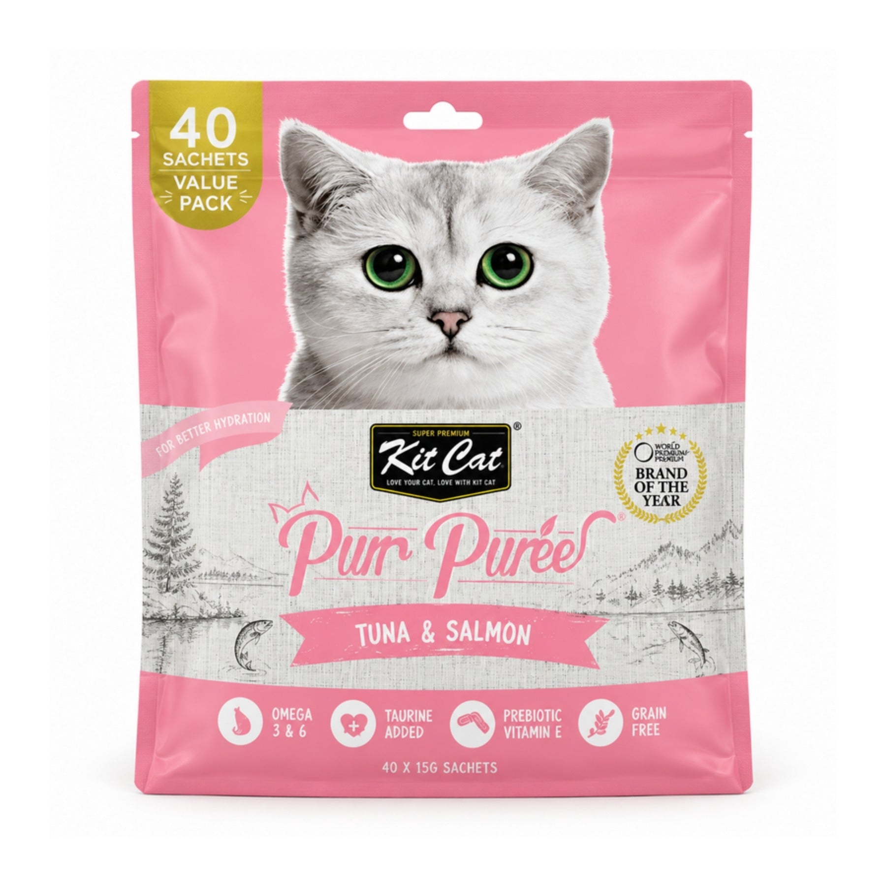 Bolsa frontal de Kit Cat Purr Puree Atún y Salmón Value Pack con 40 sachets de 15 g, snack cremoso para gatos