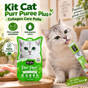 Gato lamiendo un sachet de Kit Cat Purr Puree Plus Collagen Care Pollo junto a íconos de beneficios