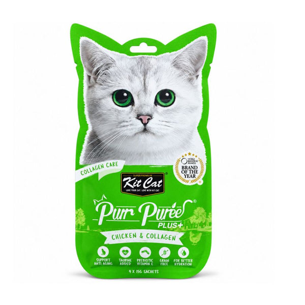 Empaque frontal de Kit Cat Purr Puree Plus Collagen Care Pollo, snack cremoso para gatos con 4 sachets de 15 g