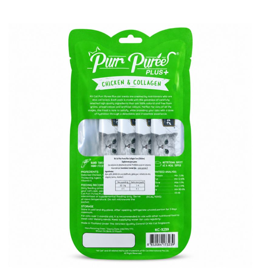 Reverso del empaque de Kit Cat Purr Puree Plus Collagen Care Pollo con ingredientes, tabla de ración y análisis garantizado
