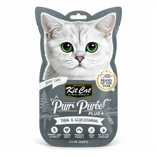 Empaque frontal de Kit Cat Purr Puree Plus Joint Care Atún y glucosamina, snack cremoso para gatos con 4 sachets de 15 g