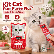 Gato lamiendo un sachet de Kit Cat Purr Puree Plus Skin & Coat Atún junto a íconos de piel, pelaje e hidratación