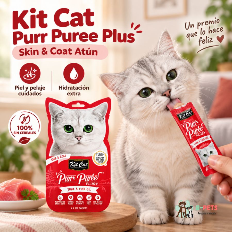 Gato lamiendo un sachet de Kit Cat Purr Puree Plus Skin & Coat Atún junto a íconos de piel, pelaje e hidratación