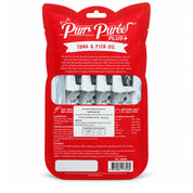 Reverso del empaque de Kit Cat Purr Puree Plus Skin & Coat con ingredientes, tabla de ración y análisis garantizado