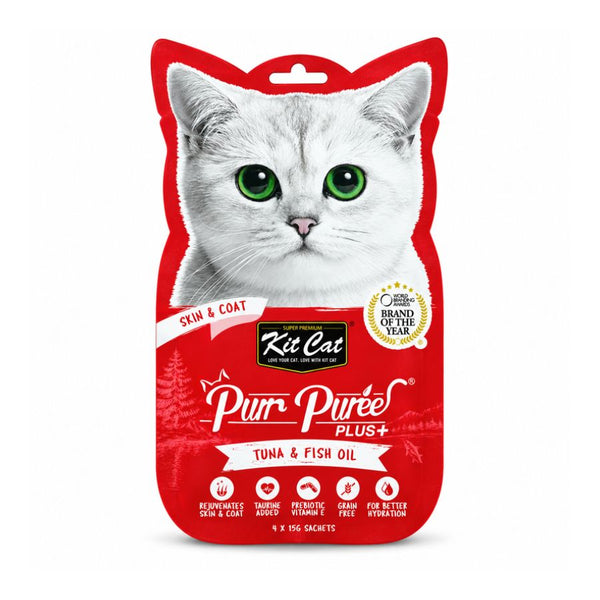 Empaque frontal de Kit Cat Purr Puree Plus Skin & Coat Atún, snack cremoso para gatos con 4 sachets de 15 g