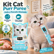 Gato lamiendo un sachet de Kit Cat Purr Puree Pollo y Pescado Ahumado junto a íconos de beneficios