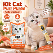 Gato lamiendo un sachet de Kit Cat Purr Puree Pollo y Salmón junto a íconos de hidratación y pelaje
