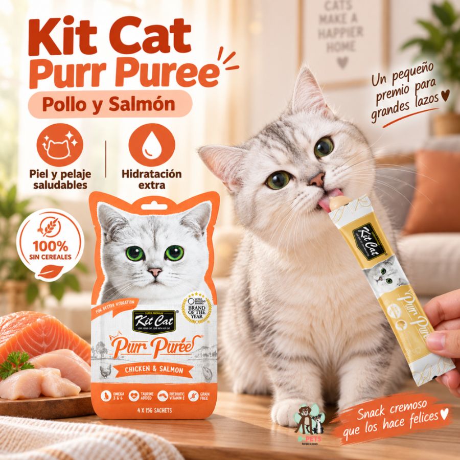 Gato lamiendo un sachet de Kit Cat Purr Puree Pollo y Salmón junto a íconos de hidratación y pelaje