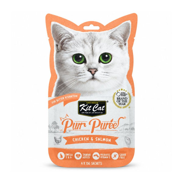 Empaque frontal de Kit Cat Purr Puree Pollo y Salmón, snack cremoso para gatos con 4 sachets de 15 g
