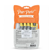 Reverso del empaque de Kit Cat Purr Puree Pollo y Salmón con ingredientes, tabla de ración y análisis garantizado