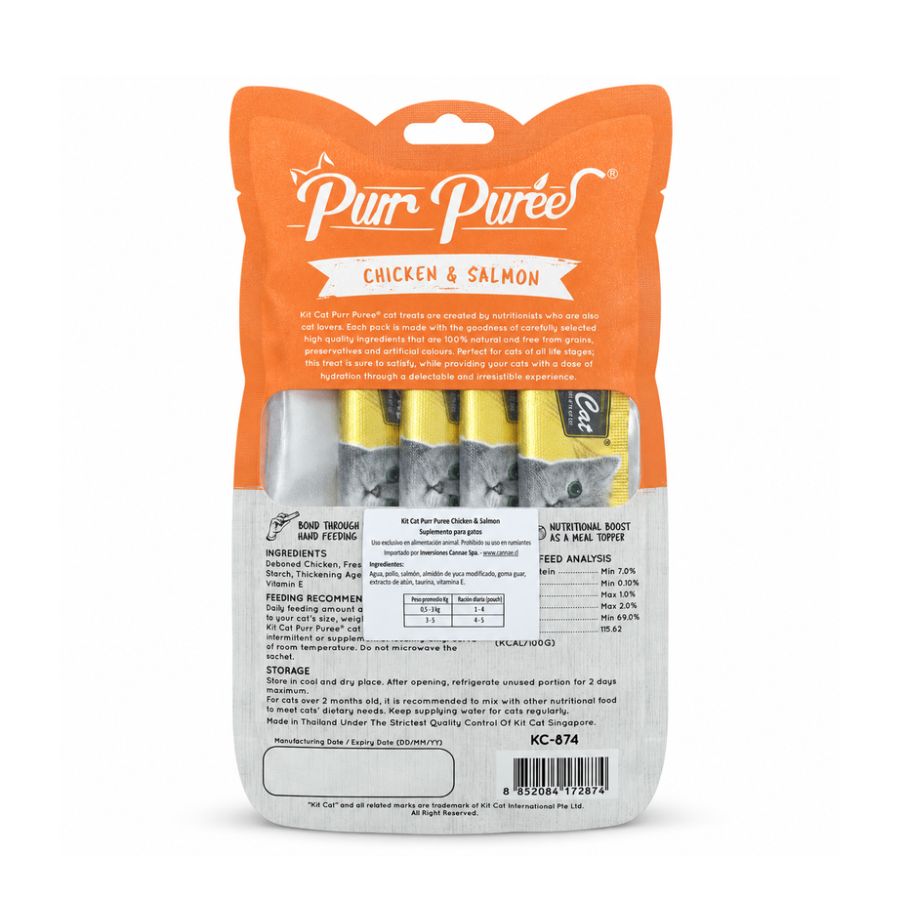 Reverso del empaque de Kit Cat Purr Puree Pollo y Salmón con ingredientes, tabla de ración y análisis garantizado
