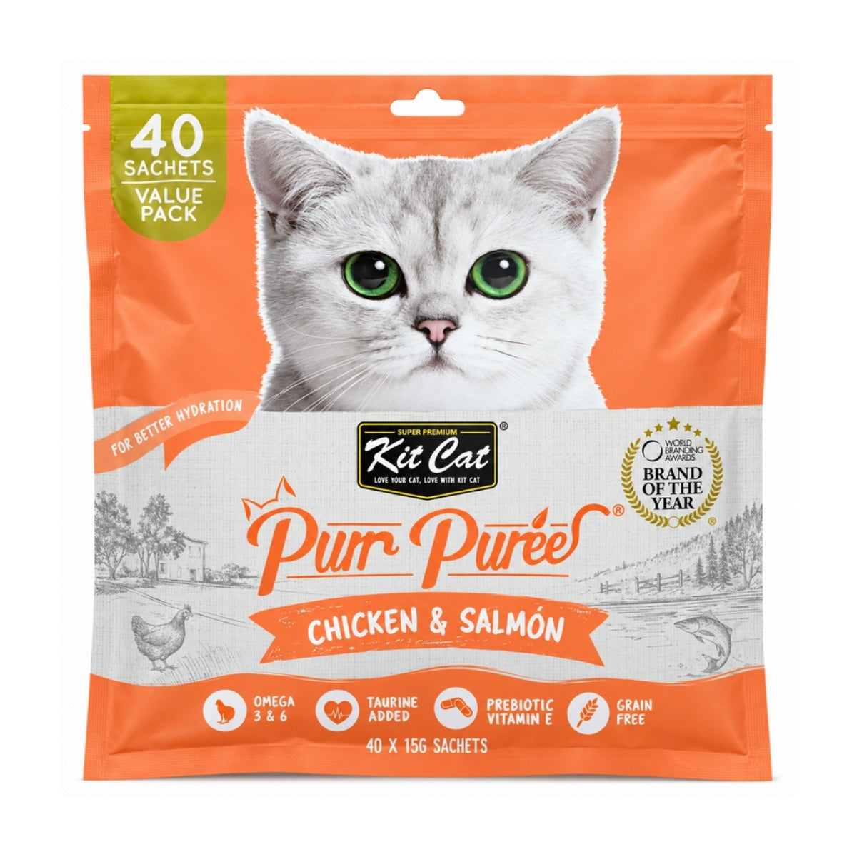 Bolsa frontal de Kit Cat Purr Puree Pollo y Salmón Value Pack con 40 sachets de 15 g, snack cremoso para gatos