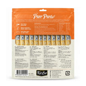Reverso de la bolsa Kit Cat Purr Puree Pollo y Salmón Value Pack con ingredientes, análisis garantizado y ventana de sachets