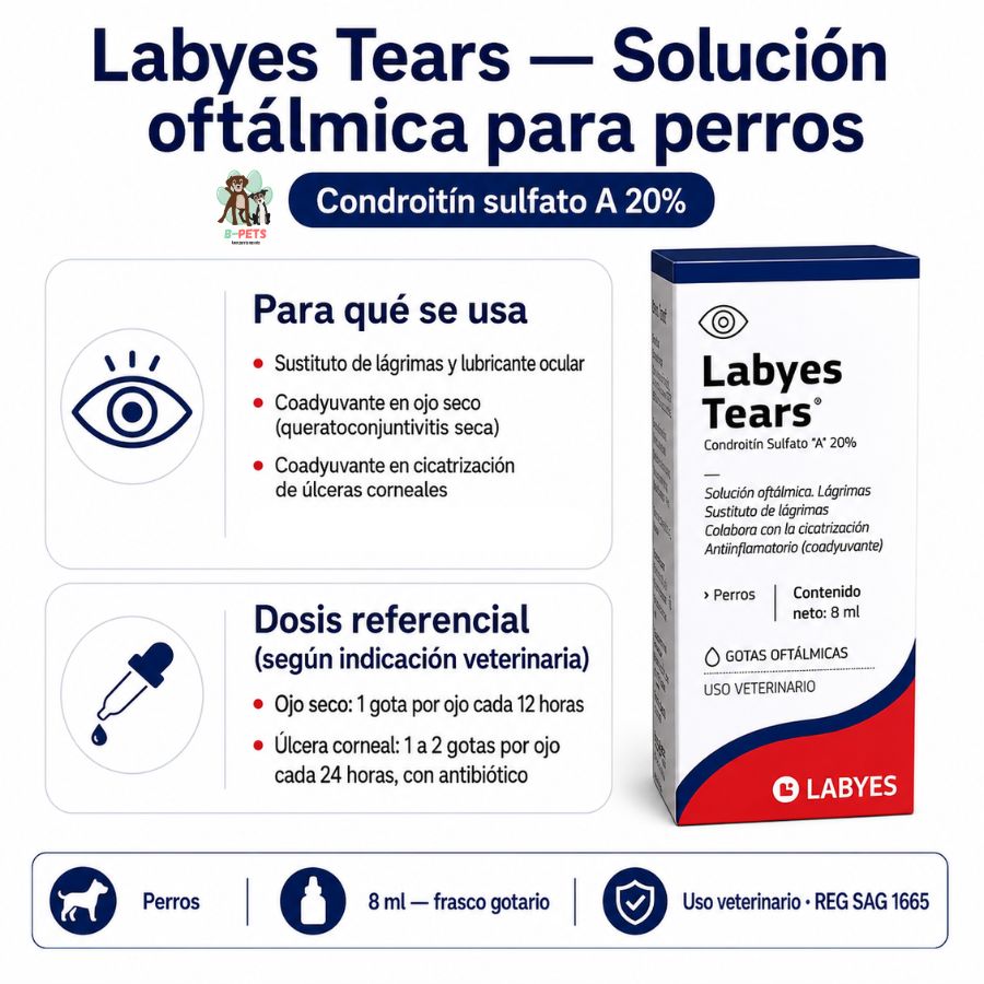 Infografía de Labyes Tears para perros: condroitín sulfato A 20%, indicaciones en ojo seco y úlceras corneales, y dosis referencial