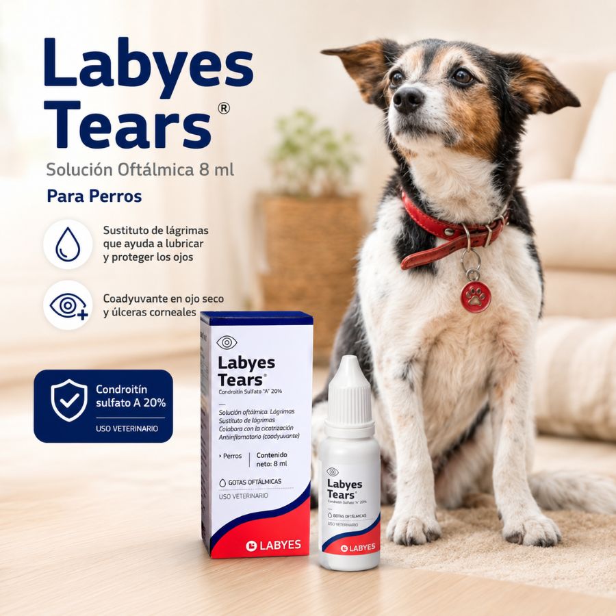 Perro junto a la caja y el frasco de Labyes Tears para perros, con sus beneficios de lubricación y apoyo en ojo seco