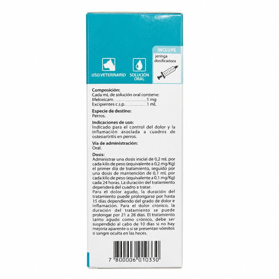 Panel lateral de Meloxivet con composición meloxicam 1 mg/mL, indicaciones y dosis según peso del perro