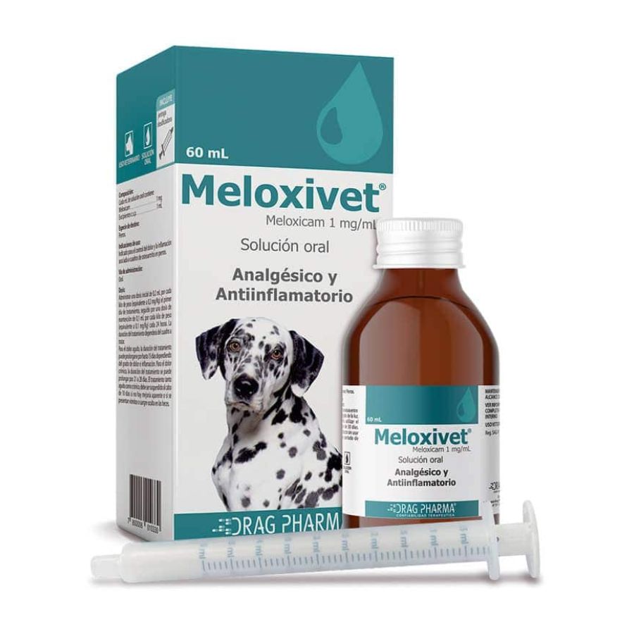 Meloxivet Drag Pharma 60 mL: caja, frasco de solución oral y jeringa dosificadora para perros