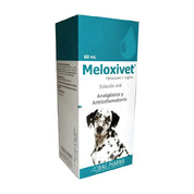 Meloxivet Drag Pharma solución oral 60 mL para perros, vista en ángulo de la caja con panel lateral