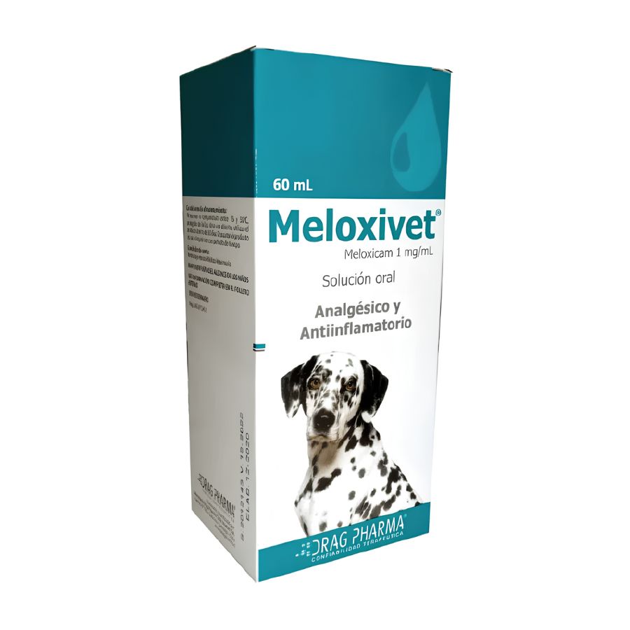 Meloxivet Drag Pharma solución oral 60 mL para perros, vista en ángulo de la caja con panel lateral