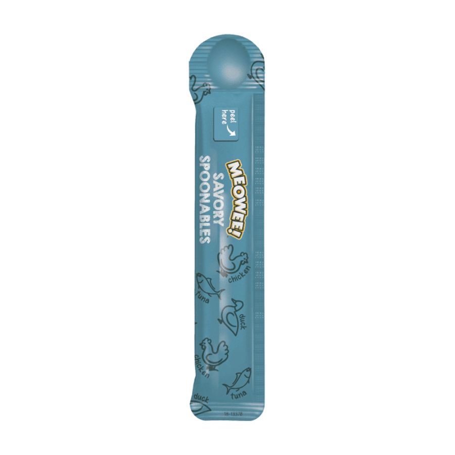 Meowee Atún, Pollo y Pato, snack cremoso con cuchara incluida. Ideal para compartir con tu gato. Enriquecido con taurina y vitaminas esenciales. B-Pets