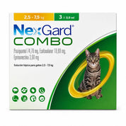 NexGard Combo para gatos de 2,5 a 7,5 kg, caja de 3 pipetas de 0,9 mL, vista frontal del envase
