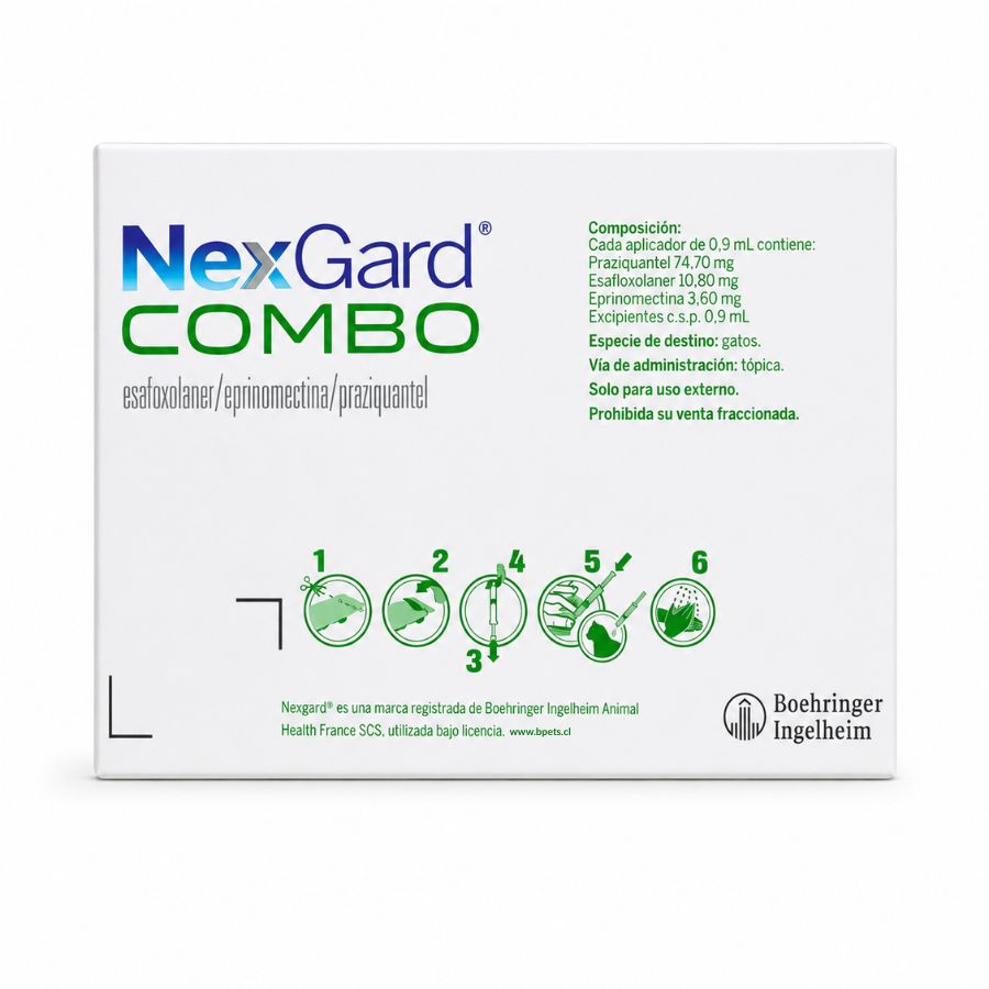 Reverso de NexGard Combo con la composición por pipeta y los pasos de aplicación tópica en el gato