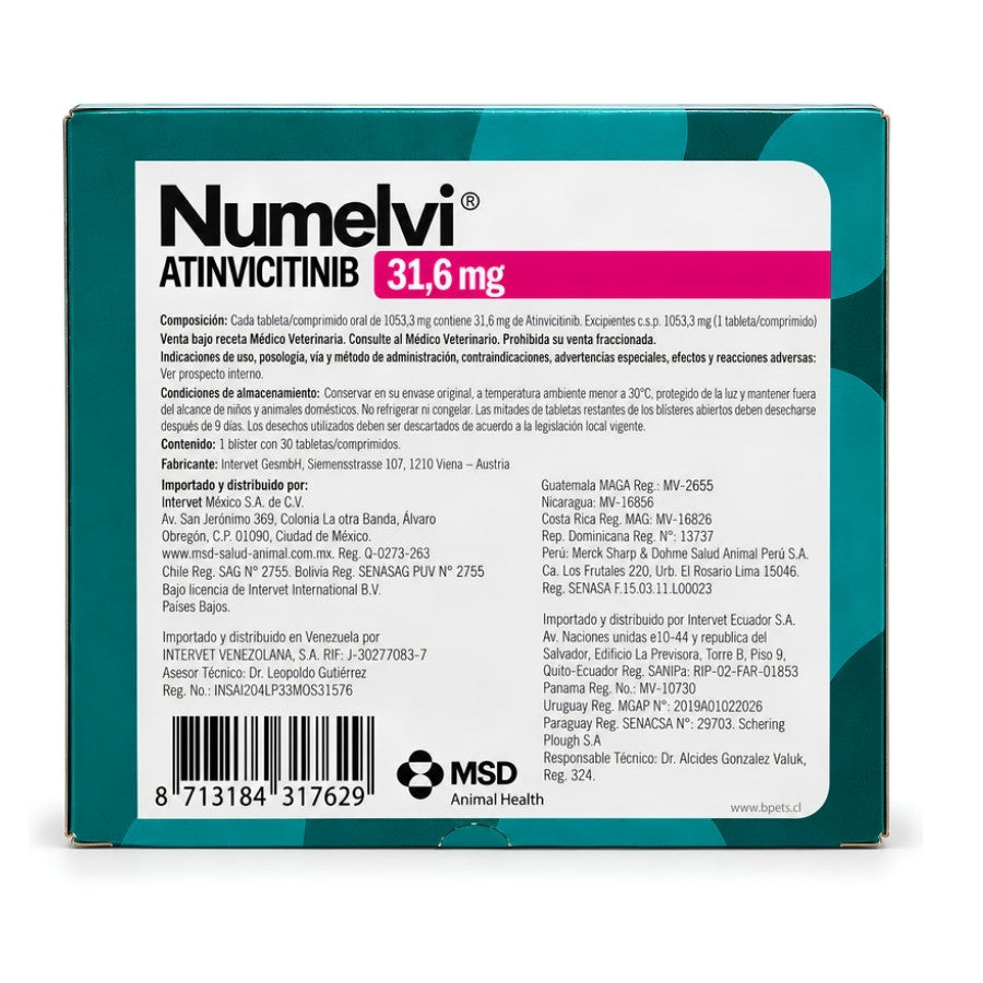 Reverso de la caja de Numelvi 31,6 mg con la composición, las condiciones de almacenamiento y el Reg. SAG N° 2755