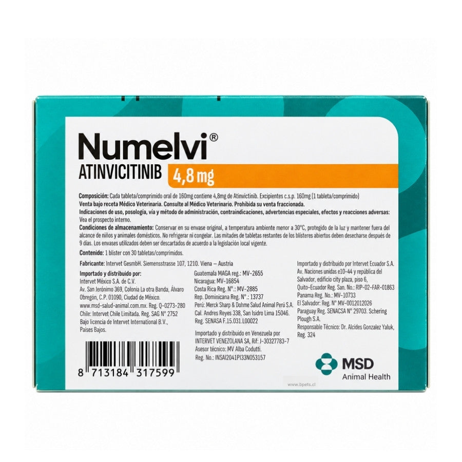 Reverso de la caja de Numelvi 4,8 mg con la composición, las condiciones de almacenamiento y el Reg. SAG N° 2752