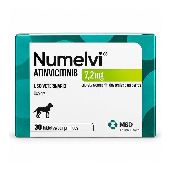 Numelvi 7,2 mg 30 comprimidos, vista frontal de la caja de atinvicitinib para perros pequeños de MSD Animal Health