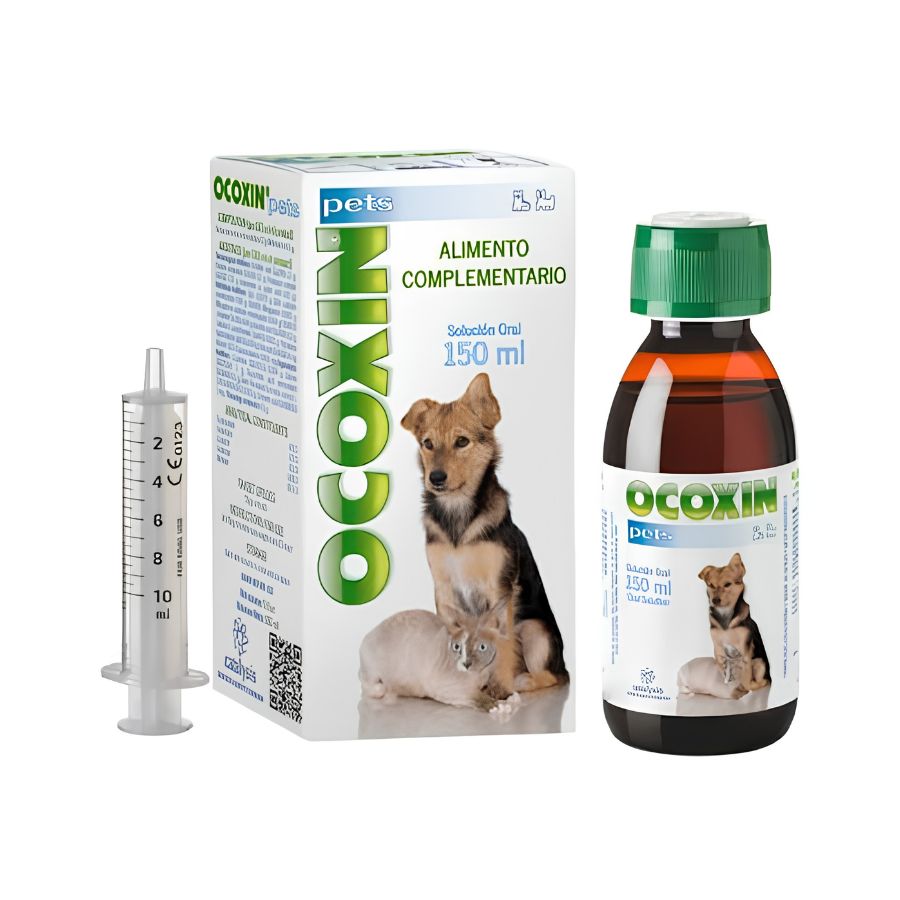 Frasco ámbar de Ocoxin Pets con tapa verde, su caja y la jeringa dosificadora graduada hasta 10 ml