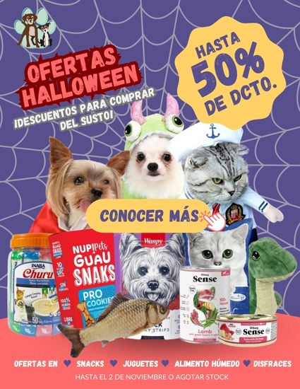 alimentos, snacks, juguetes, accesorios, discraces para perros y gatos halloween