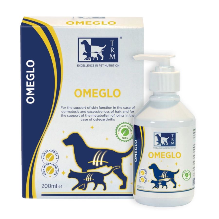 Omeglo TRM, estuche y frasco con dosificador, suplemento omega 3 para perros y gatos, 200 ml, vista frontal