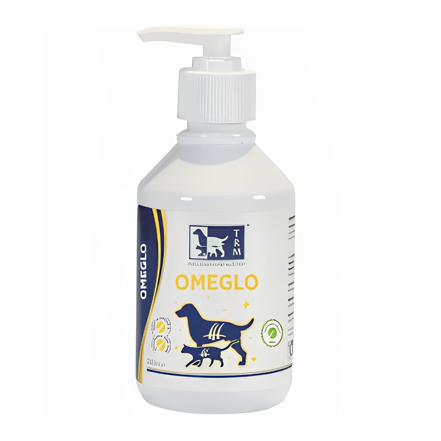 Frasco de Omeglo TRM con dosificador, suplemento omega 3 vegano para perros y gatos, 200 ml, vista frontal