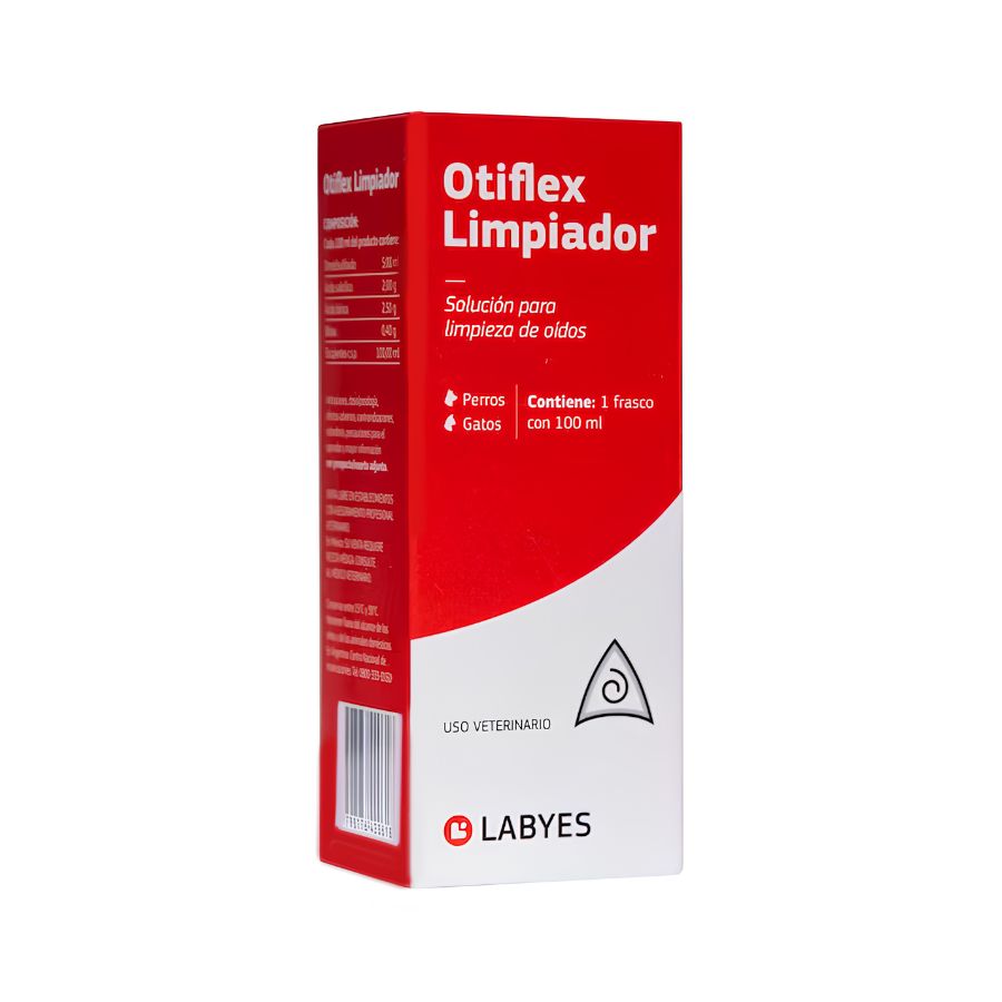 Caja de Otiflex Limpiador de oídos para perros y gatos, frasco de 100 ml, vista frontal con composición al costado