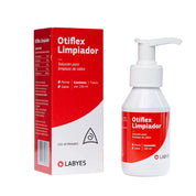 Caja y frasco dosificador de Otiflex Limpiador de oídos para perros y gatos, 100 ml, con su envase de pulsador