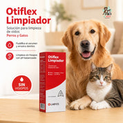 Perro y gato junto a la caja de Otiflex Limpiador de oídos, con sus beneficios de limpieza sin hisopos y pH balanceado
