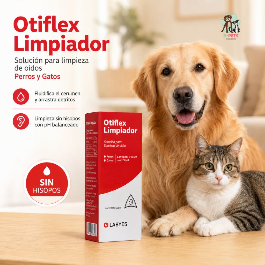 Perro y gato junto a la caja de Otiflex Limpiador de oídos, con sus beneficios de limpieza sin hisopos y pH balanceado