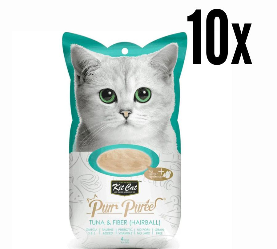 Pack 10x Kit Cat Purr Puree Atún y Fibra: Snack cremoso para control de bolas de pelo en gatos. Rico en fibra y Omega 3, natural y sin cereales. Ideal desde los 2 meses.