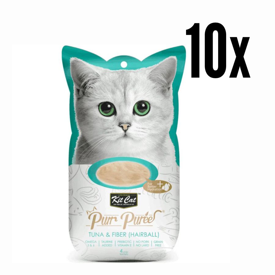 Pack 10x Kit Cat Purr Puree Atún y Fibra: Snack cremoso para control de bolas de pelo en gatos. Rico en fibra y Omega 3, natural y sin cereales. Ideal desde los 2 meses.