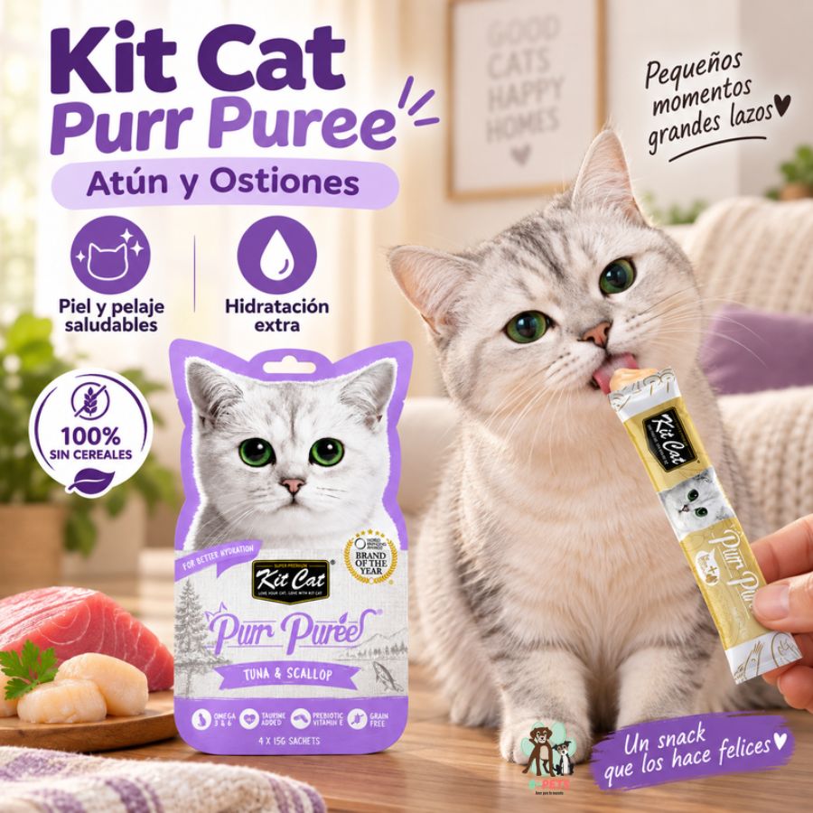 Gato disfrutando un sachet del Pack 10x Kit Cat Purr Puree Atún y Ostión junto a íconos de beneficios