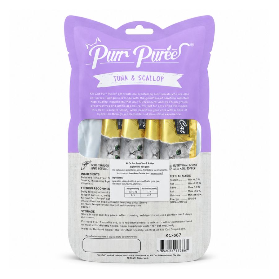 Reverso del empaque del Pack 10x Kit Cat Purr Puree Atún y Ostión con ingredientes y tabla de ración